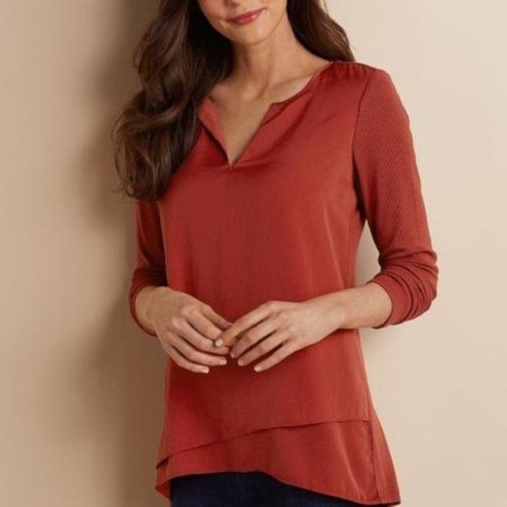 Soft Surroundings Tunic Top V-Neck Long Sleeve Knit Blouse Rust 2X Rosewood Alix